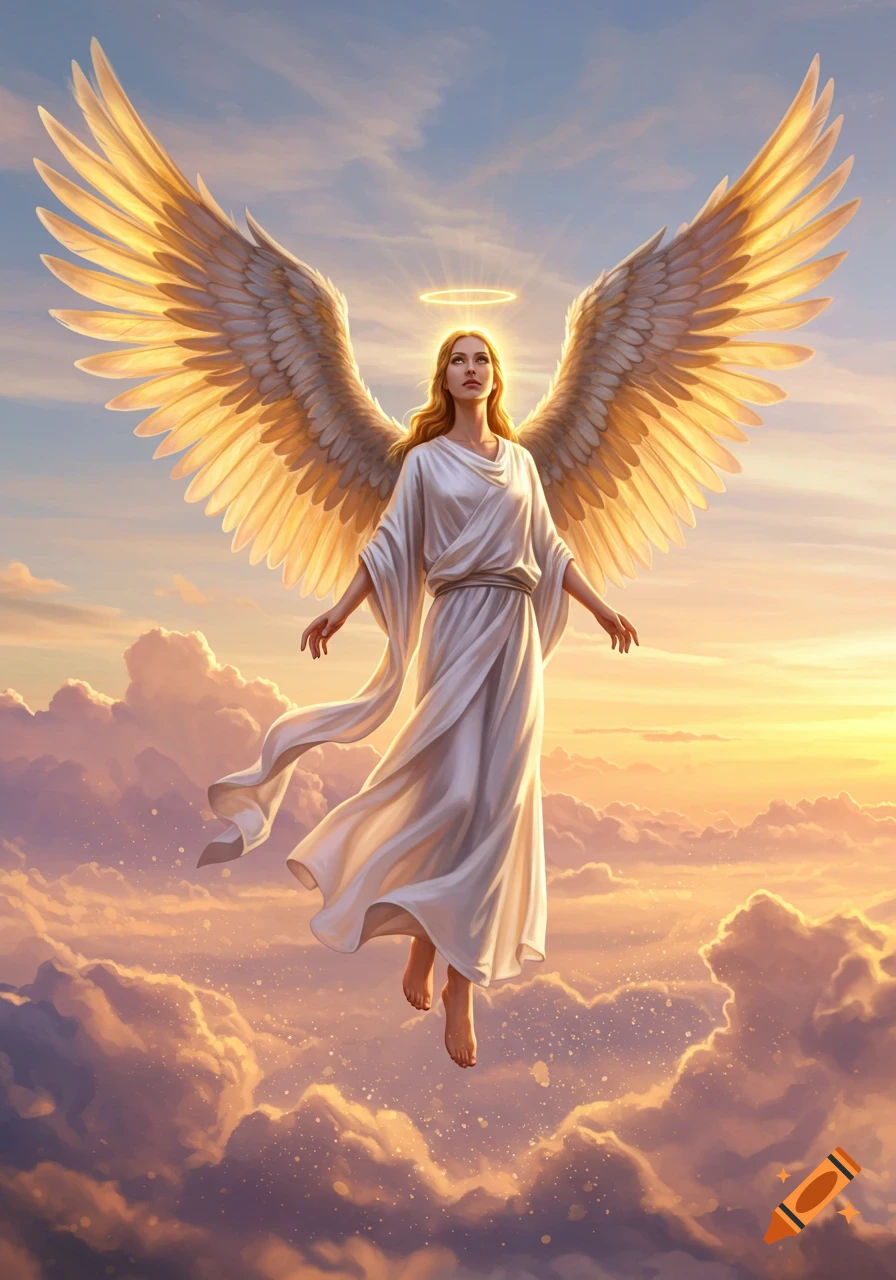 A radiant angel with large golden wings and a halo, wearing a white flowing gown, floats gracefully amidst a sky filled with soft, glowing clouds at sunset.