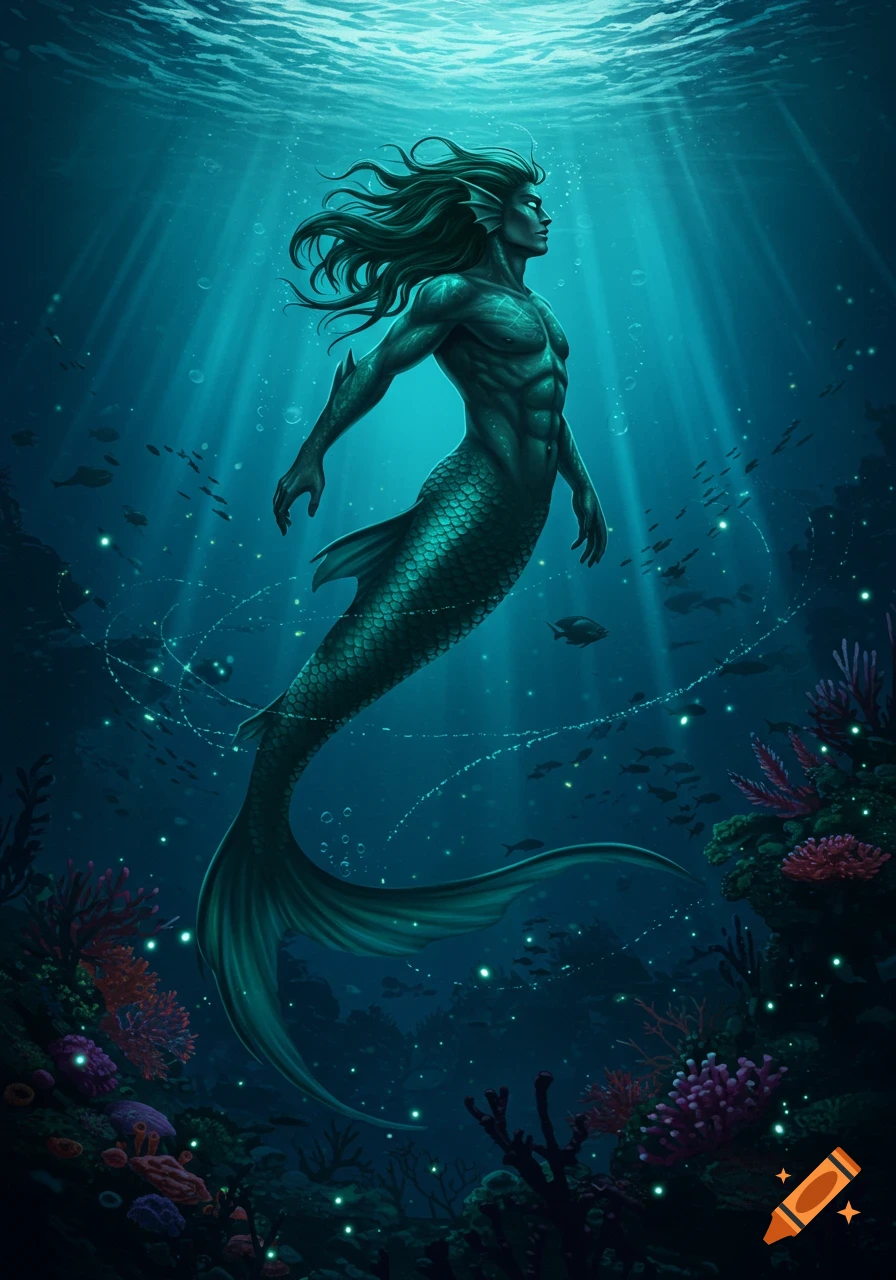 Muscular merman with green hair and teal tail swimming upward in a sunlit deep blue ocean with coral.