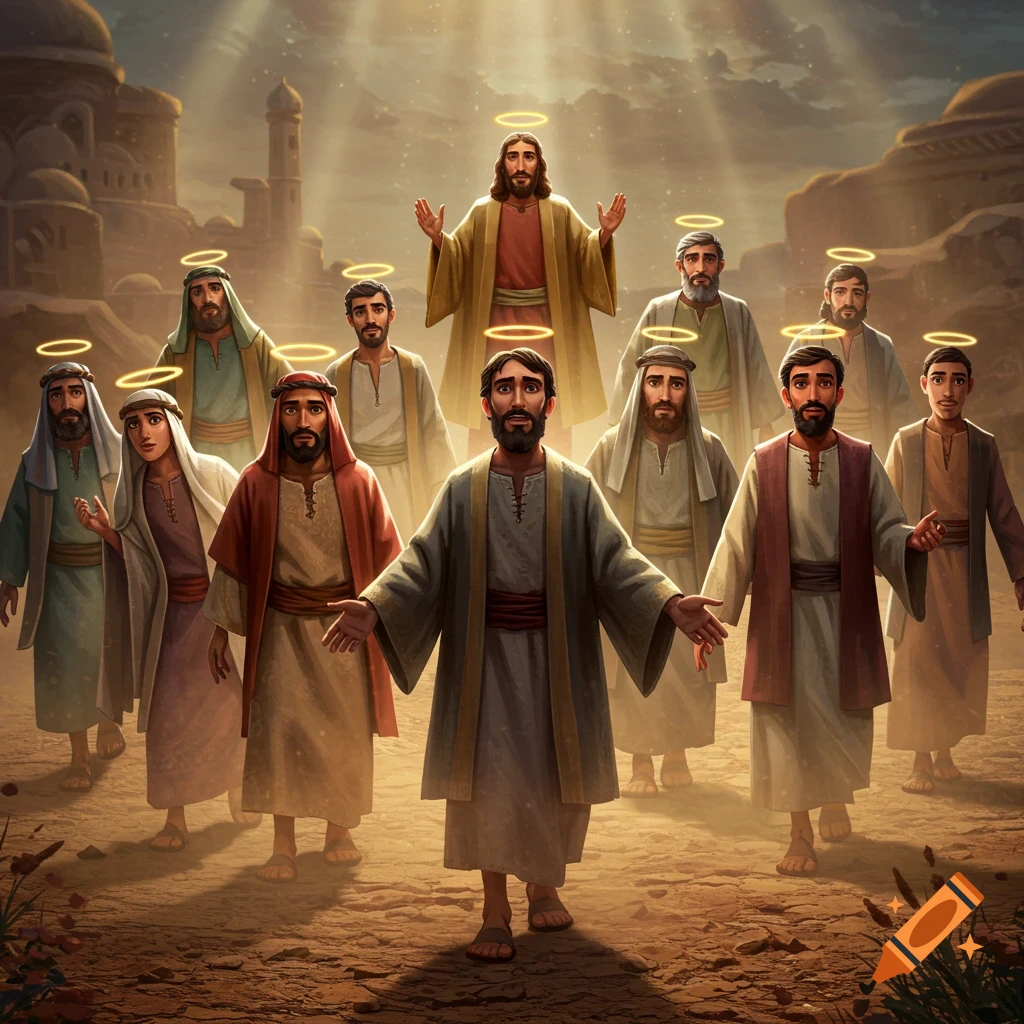 Animated illustration of Jesus and twelve apostles with halos, standing in a desert landscape with ancient buildings under a bright sky.