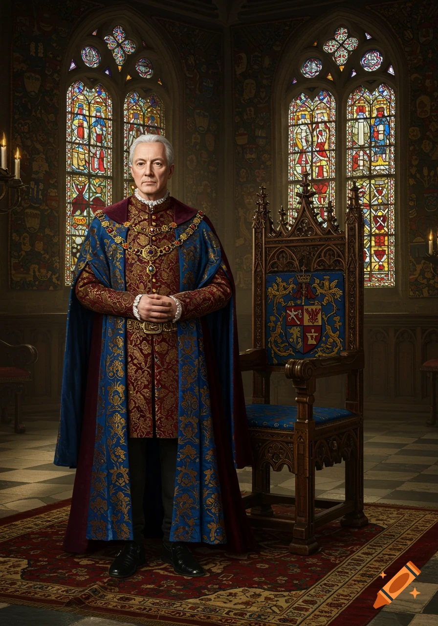 Photorealistic portrait of an older man in an ornate blue and red royal robe, standing in a grand hall with stained glass windows and a carved throne.