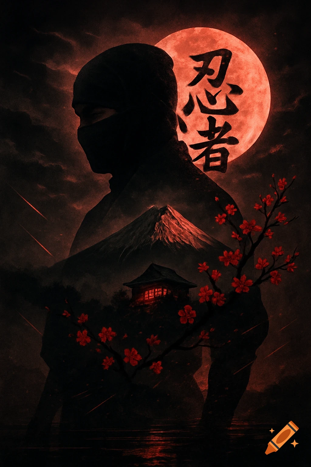 Ninja silhouette with double exposure of a Japanese mountain, temple, and red moon with kanji, surrounded by cherry blossoms in a dark, moody style.