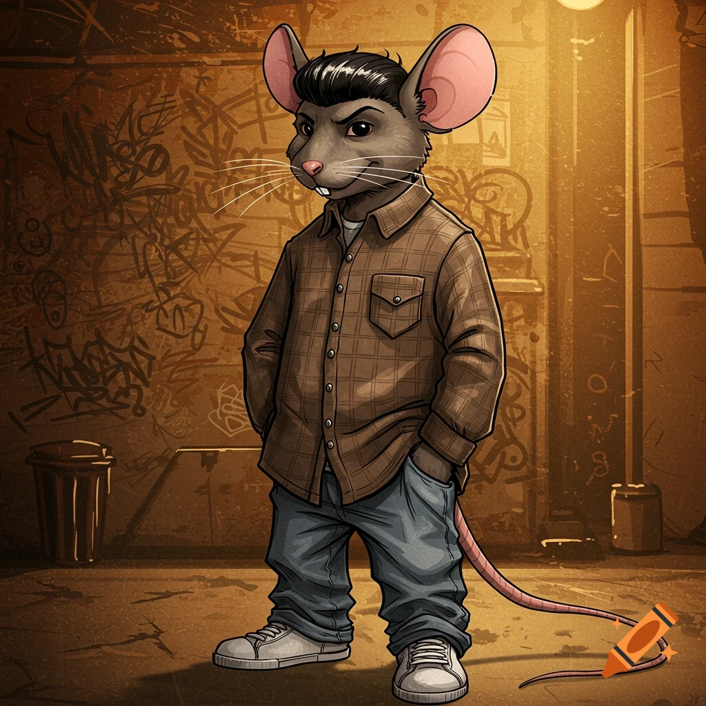 Cartoon drawing of a mouse cholo with a bowl haircut, wearing a plaid shirt and jeans, standing in a graffiti-covered alley.