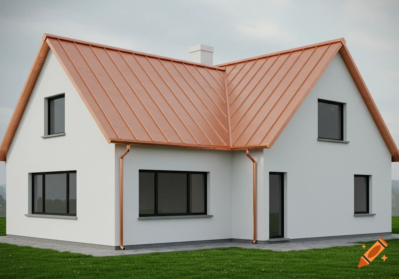 A photorealistic image of a white house with a copper standing seam roof and copper gutters, black window frames, surrounded by green grass under a cloudy sky.