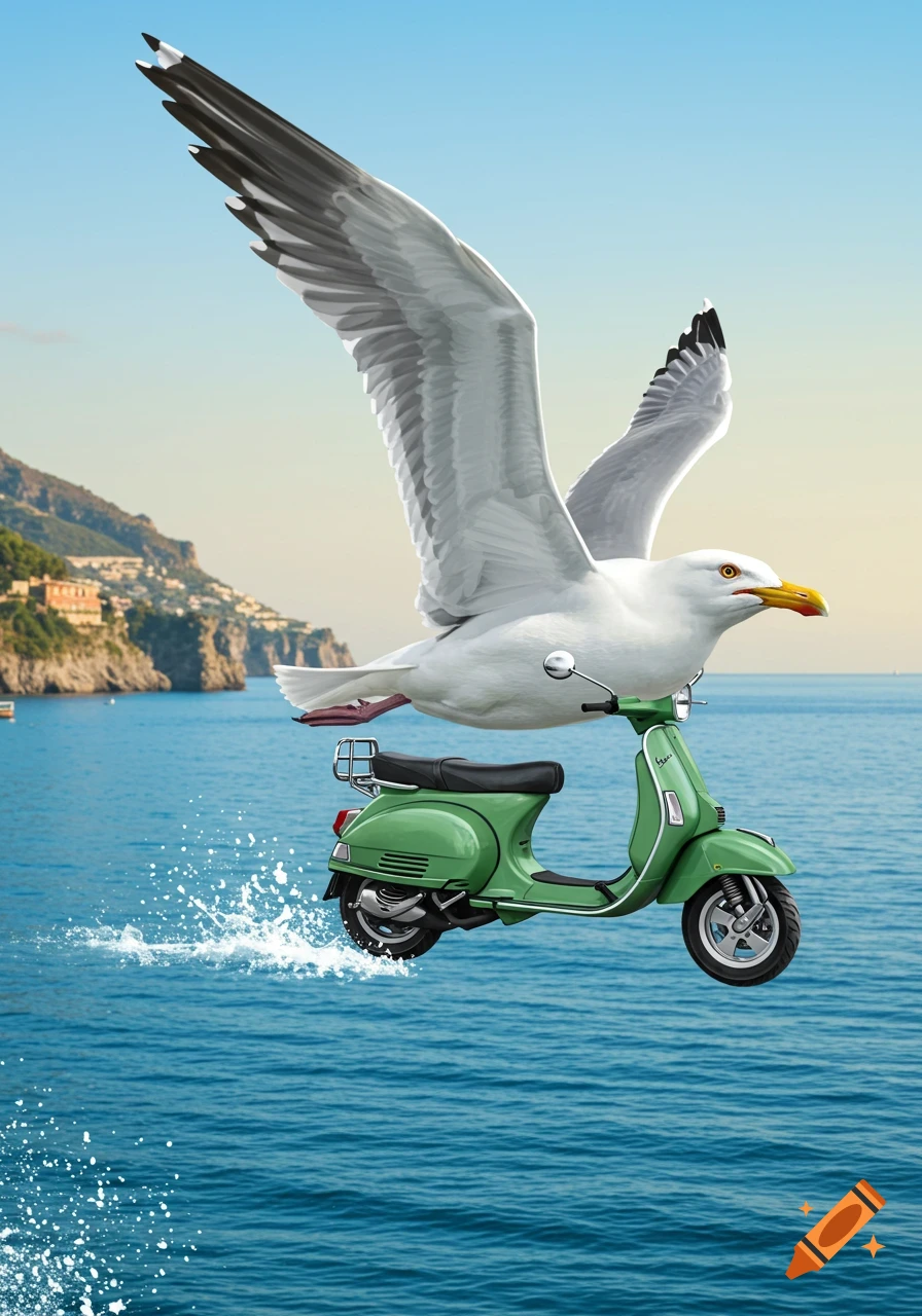 A large white seagull with a green Vespa scooter attached beneath it, flying just above the ocean with water splashing.
