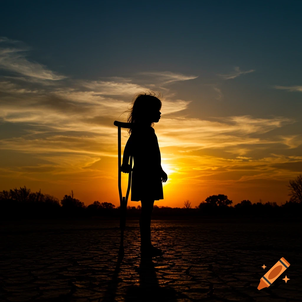 Silhouette of a small child with a crutch, standing on cracked ground against a vibrant sunset sky.