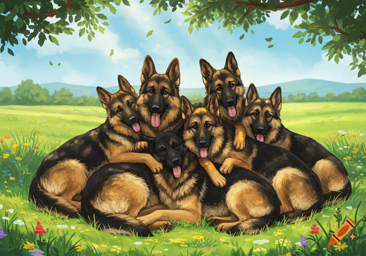 Illustration of seven happy German Shepherds piled together in a sunny green field under a tree.