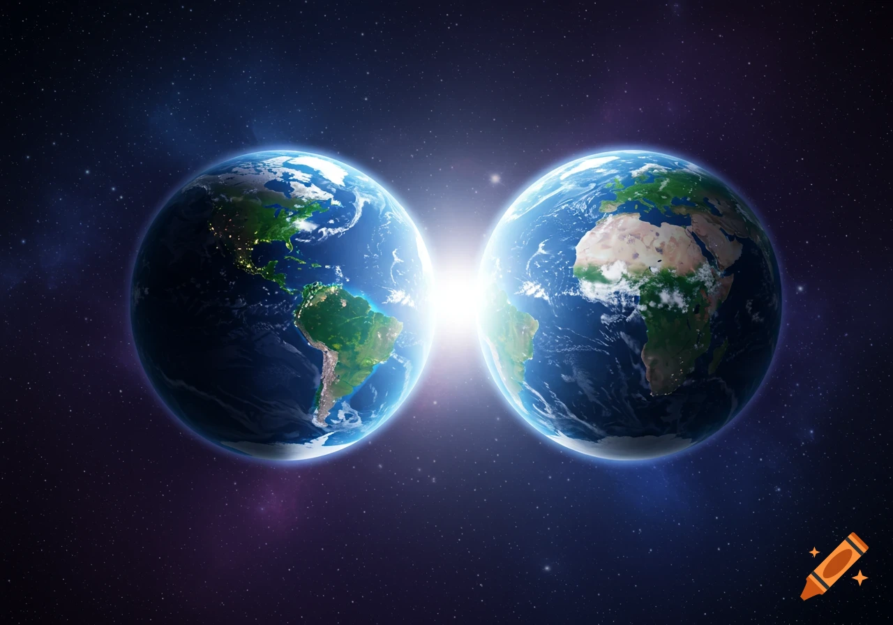 Two Earth-like planets, showing the Americas and Afro-Eurasia, separated by a bright light in starry deep space.