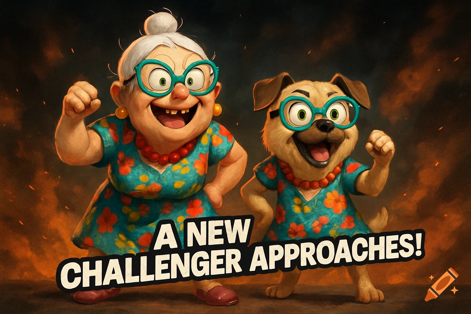 Excited cartoon woman and dog in matching outfits and glasses on a fiery background. Text: 'A New Challenger Approaches!'