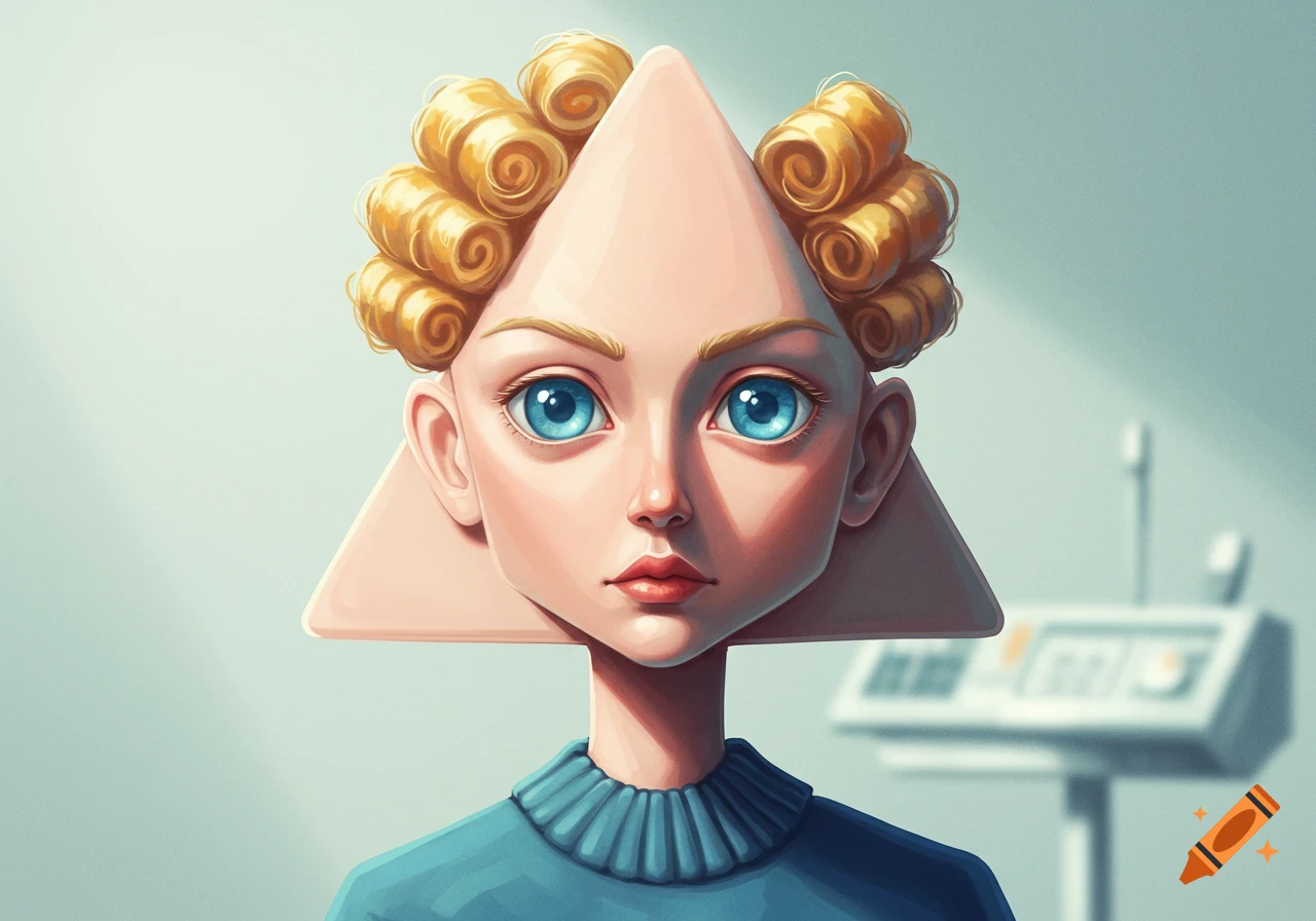 Stylized portrait of a person with a triangular head, curly blonde hair, and large blue eyes, wearing a blue sweater.