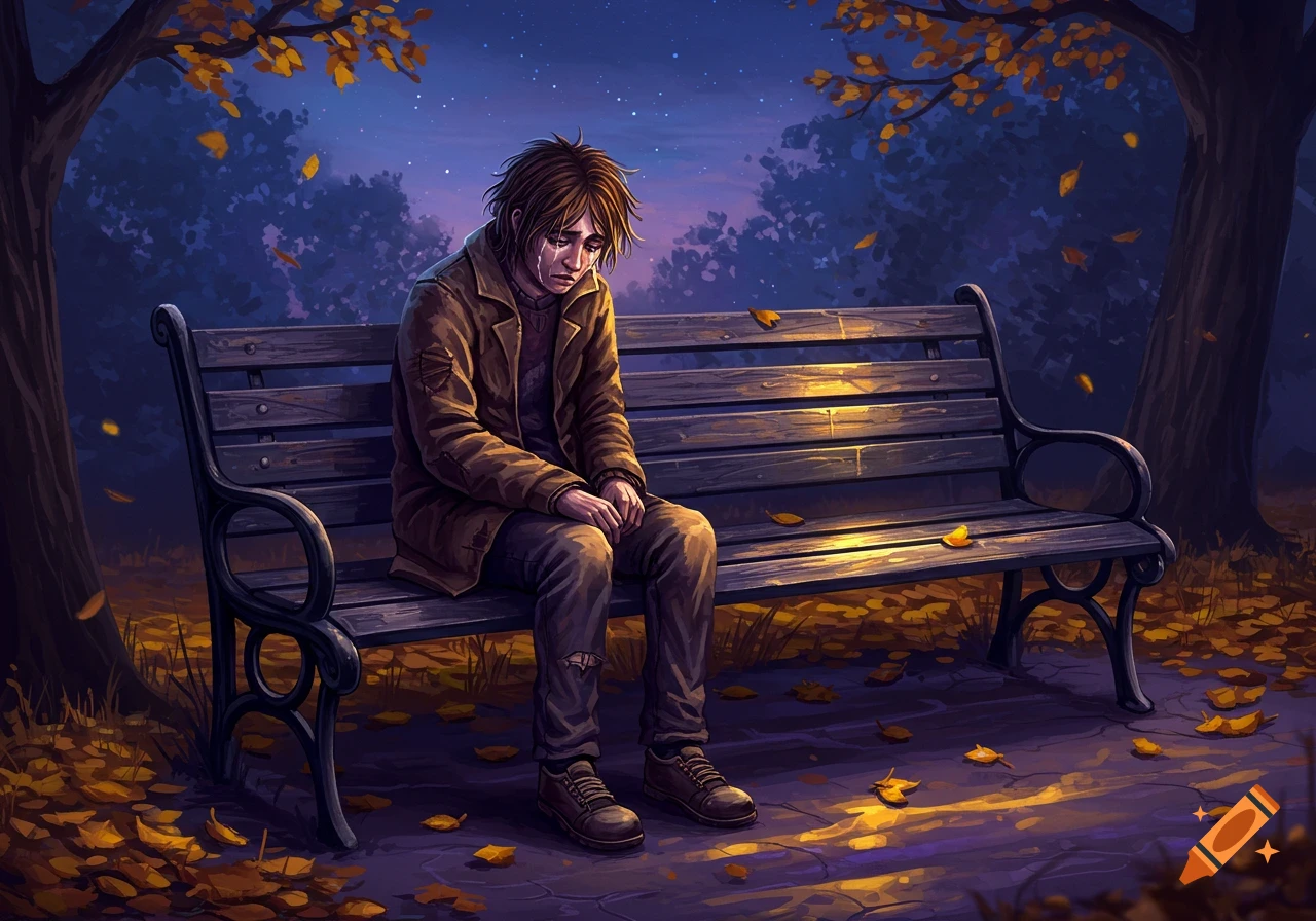 A digital art illustration of a sad, disheveled person crying on a park bench at night, surrounded by autumn leaves.