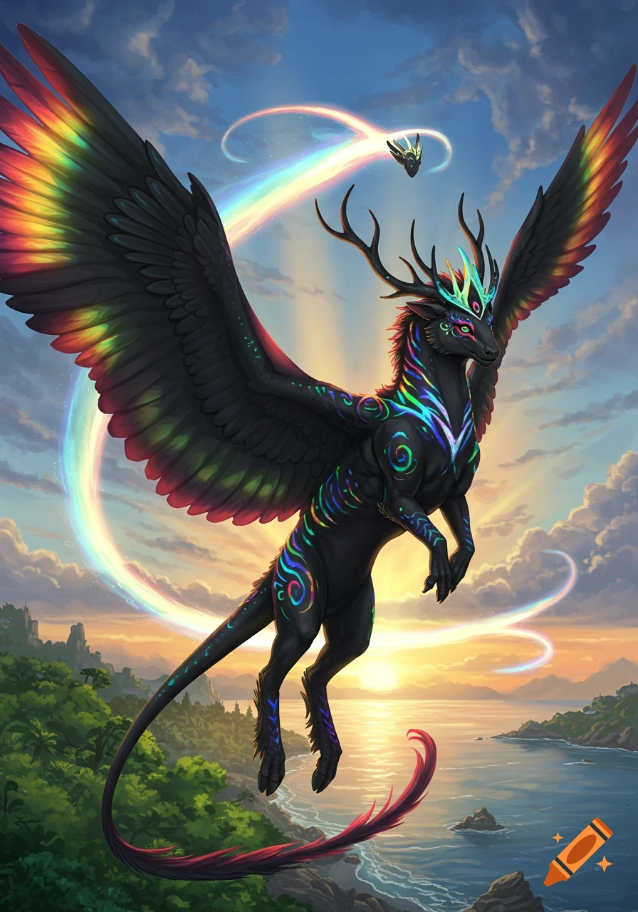 A majestic black winged creature with horns and glowing rainbow patterns soars over a forest and sea at sunrise.