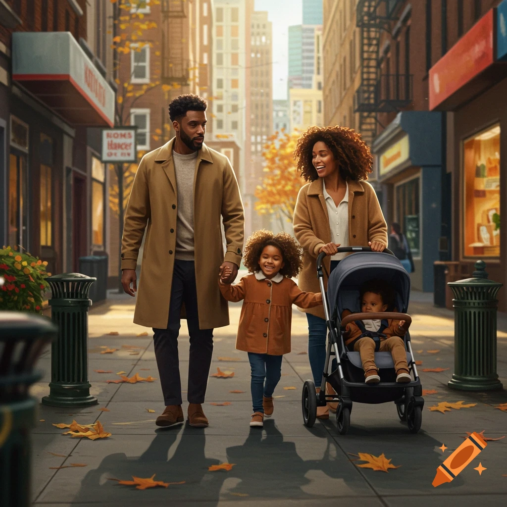 Photorealistic image of a family of four (parents, two young children) walking on an autumn city sidewalk.