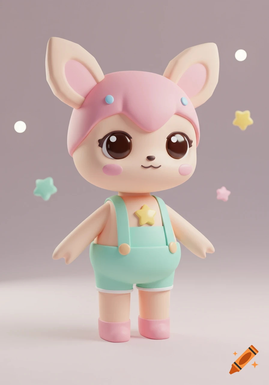 A cute 3D rendered fawn character with big eyes, pink cap and ears, wearing mint green overalls, on a pastel background with floating stars.