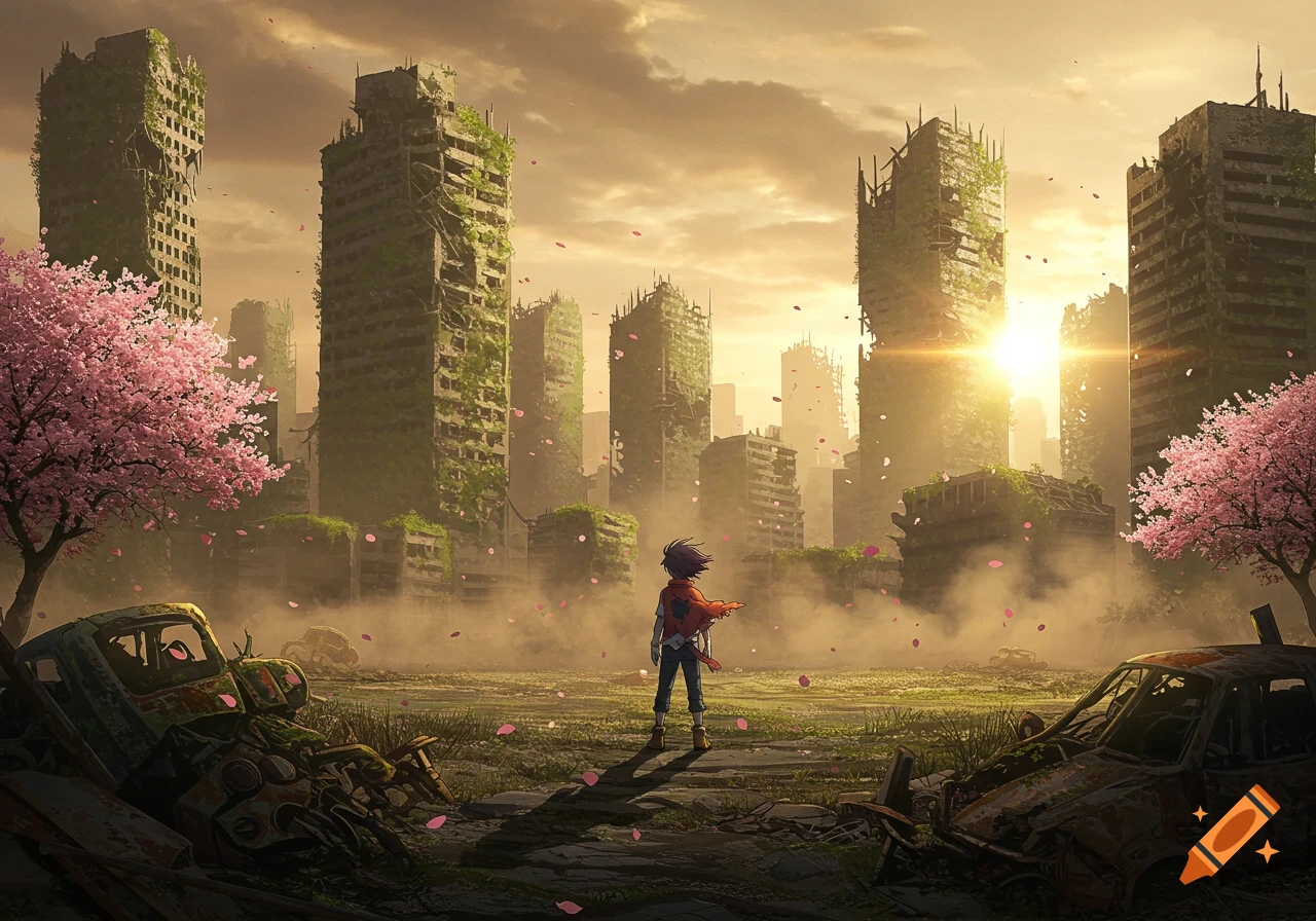 Anime character stands in a post-apocalyptic city, overgrown with pink cherry blossoms and vines, under a golden sunset.