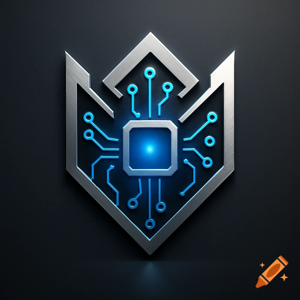 A metallic shield emblem with a glowing blue circuit board design and a central chip, set against a dark background.