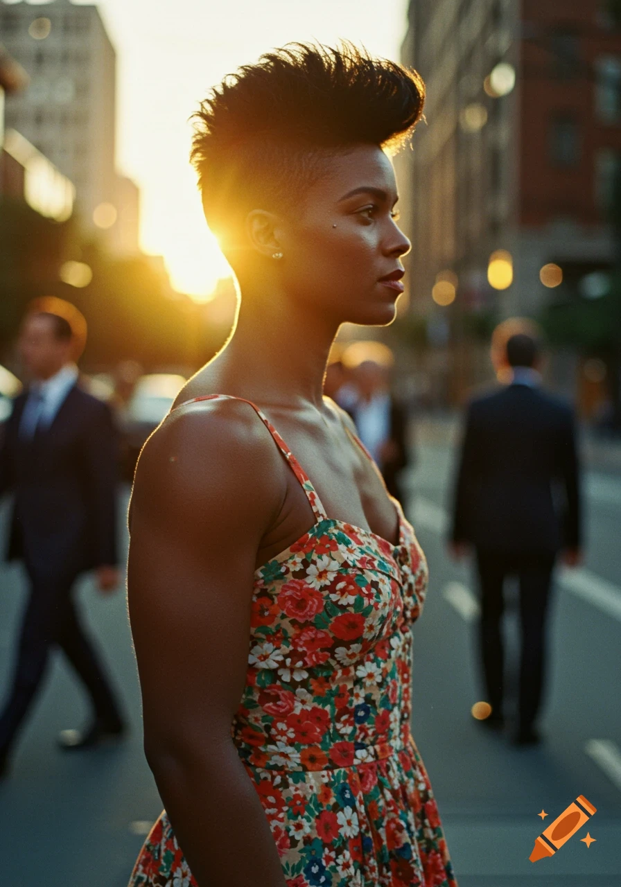 Muscular woman with a pixie undercut in a floral dress, standing on an urban street at golden hour, backlit.