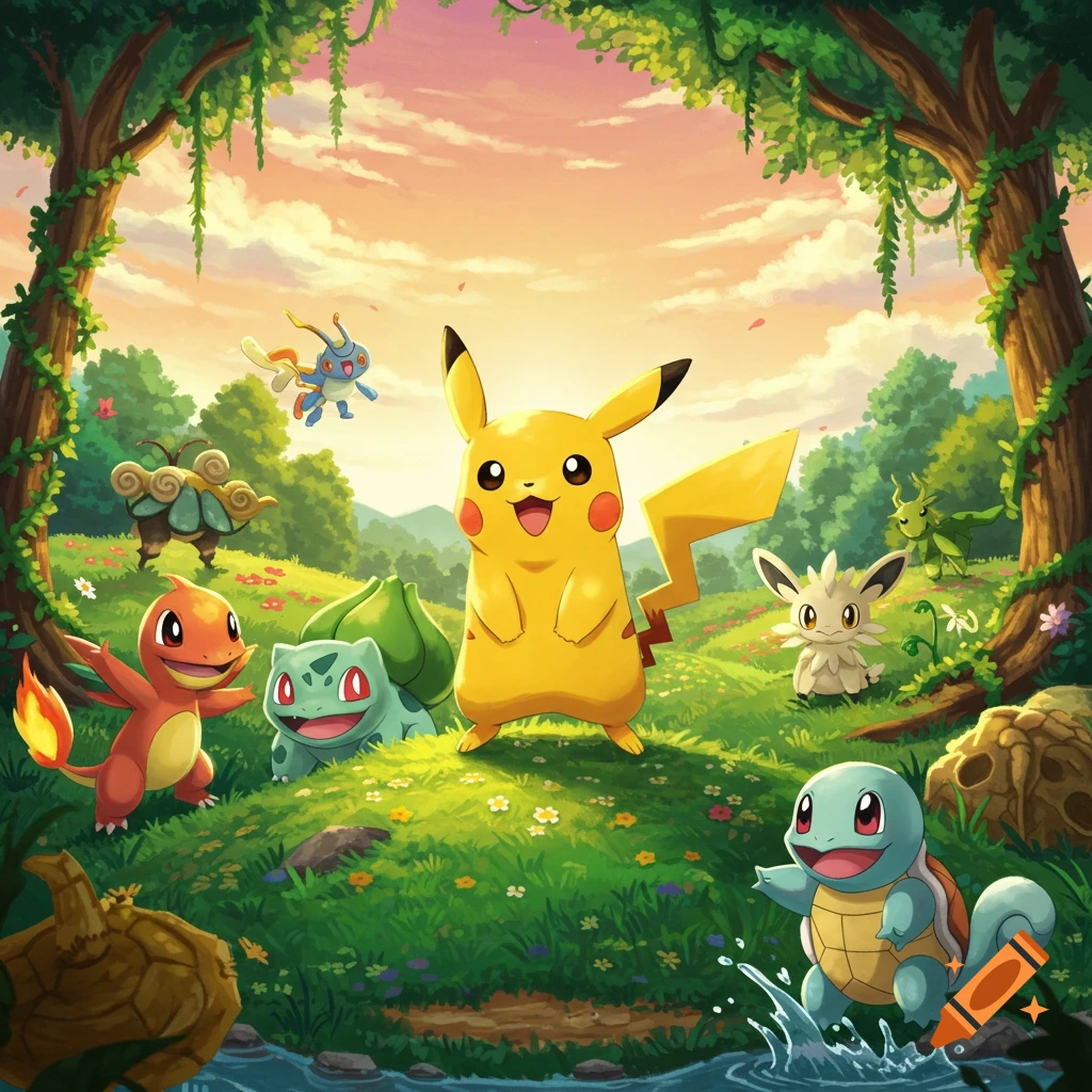 Pikachu, Charmander, Bulbasaur, and Squirtle with other Pokemon characters in a vibrant forest at sunset.