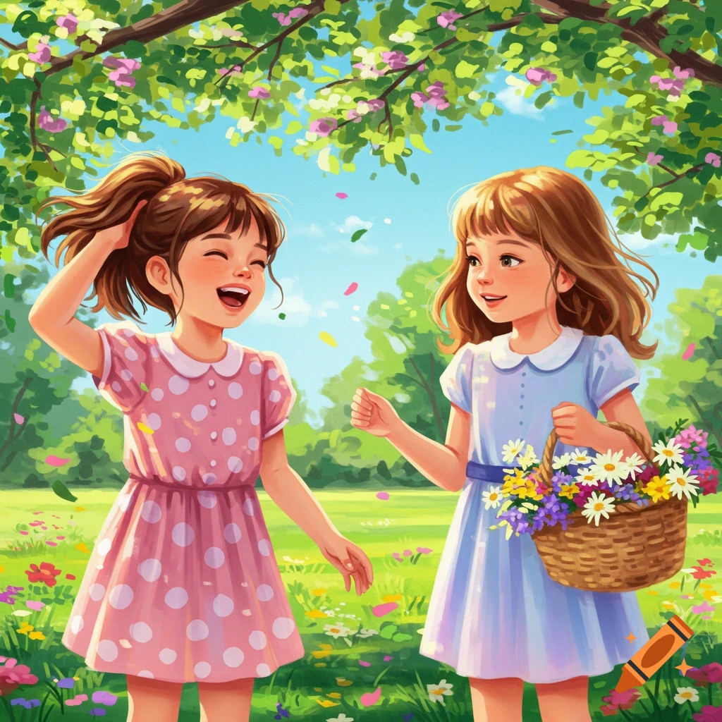Two happy cartoon girls playing in a sunny field with flowers under a tree, one holding a basket of flowers.