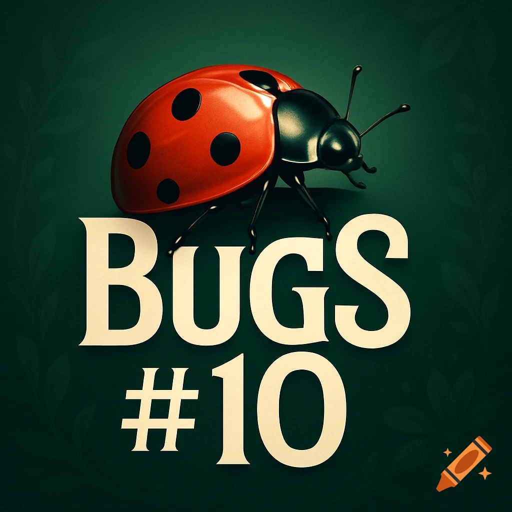 A stylized red ladybug above the text 'BUGS #10' on a dark green background with subtle leaf patterns.