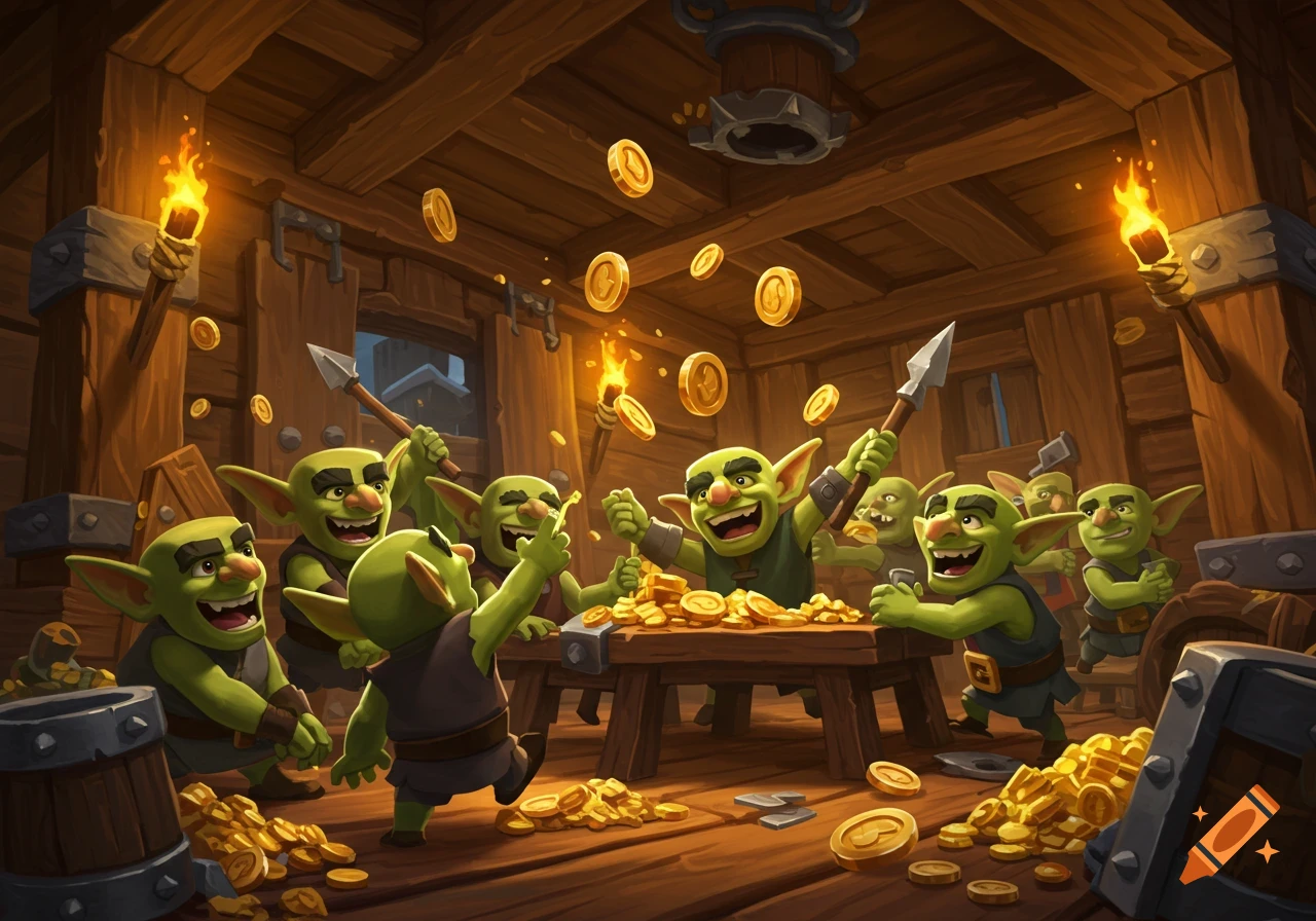 A group of cheerful, green goblins celebrating amidst piles of gold coins in a rustic wooden hut, depicted in a vibrant cartoon style.
