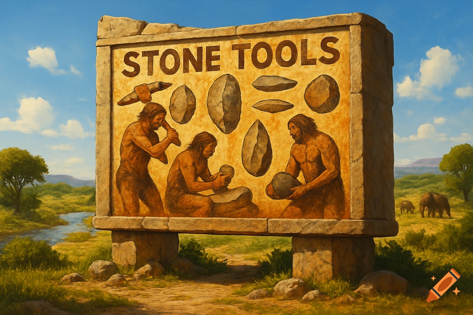 A large stone billboard shows cavemen crafting stone tools with the text 'STONE TOOLS'. A river and elephants are in the background.