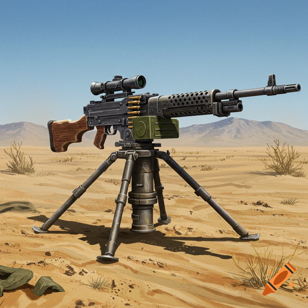 A detailed M240 machine gun on a tripod in a desert landscape under a clear blue sky.