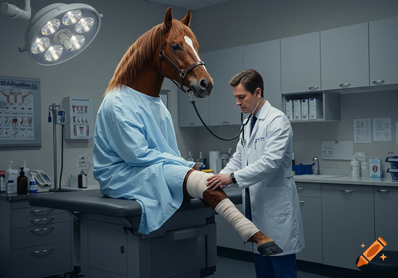 Photorealistic image of a horse in a patient gown sitting on an exam table, being examined by a human doctor.