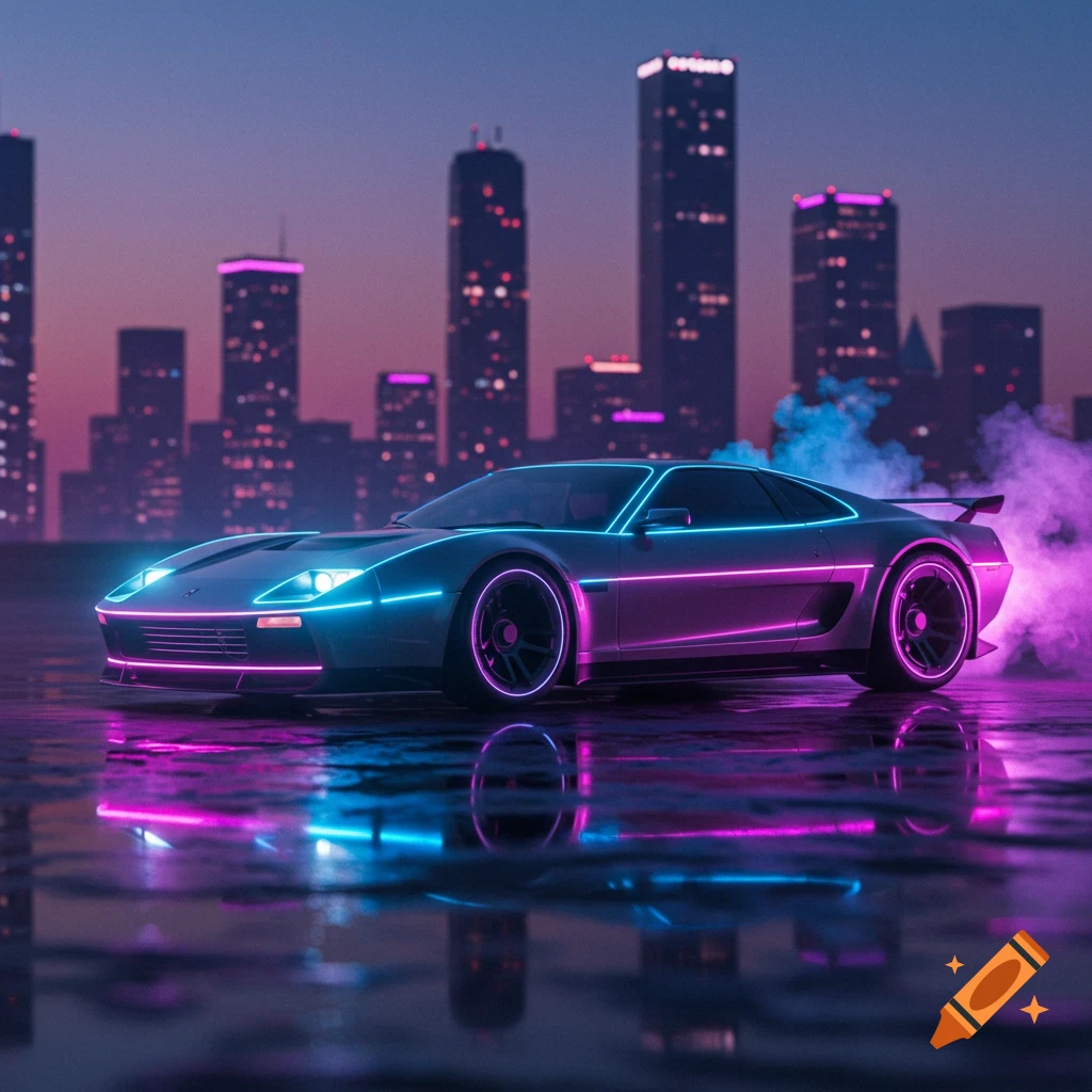 A futuristic car with neon blue and pink lights reflecting on a wet surface, set against a blurred cityscape at night.