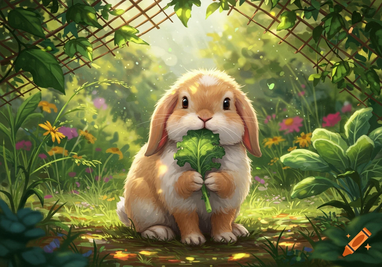 A cute, fluffy lop-eared rabbit with light brown and white fur eats a kale leaf in a sunny garden, digital art.