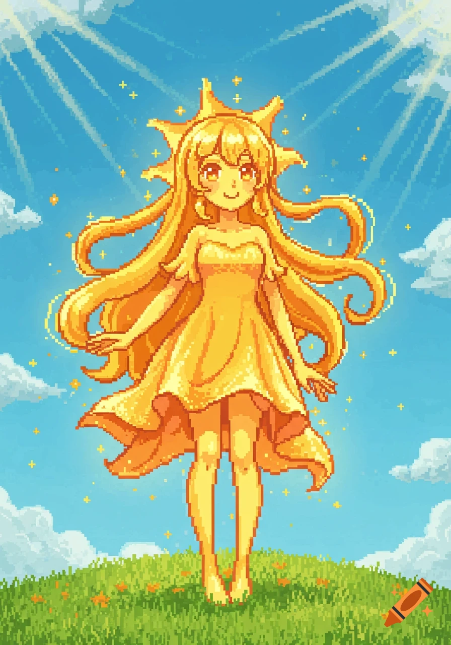 Pixel art of a smiling anime girl, personification of the sun, with long golden hair and a dress, standing in a field under a bright blue sky.