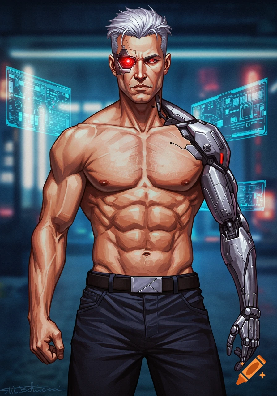 A muscular man with silver hair, a cybernetic right arm, and a glowing red cybernetic right eye stands shirtless, wearing dark pants, against a blurry futuristic background with holographic screens. The art style is bold and graphic.