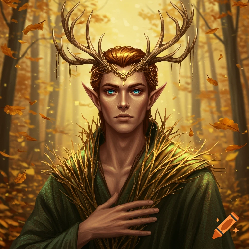A male elf with a crown of antlers and a golden branch robe stands in a sunlit autumn forest.