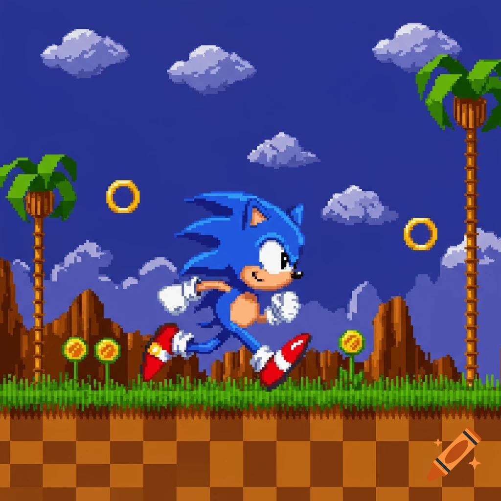 Pixel art Sonic the Hedgehog runs through a vibrant Green Hill Zone-like level with rings, coins, palm trees, and clouds.