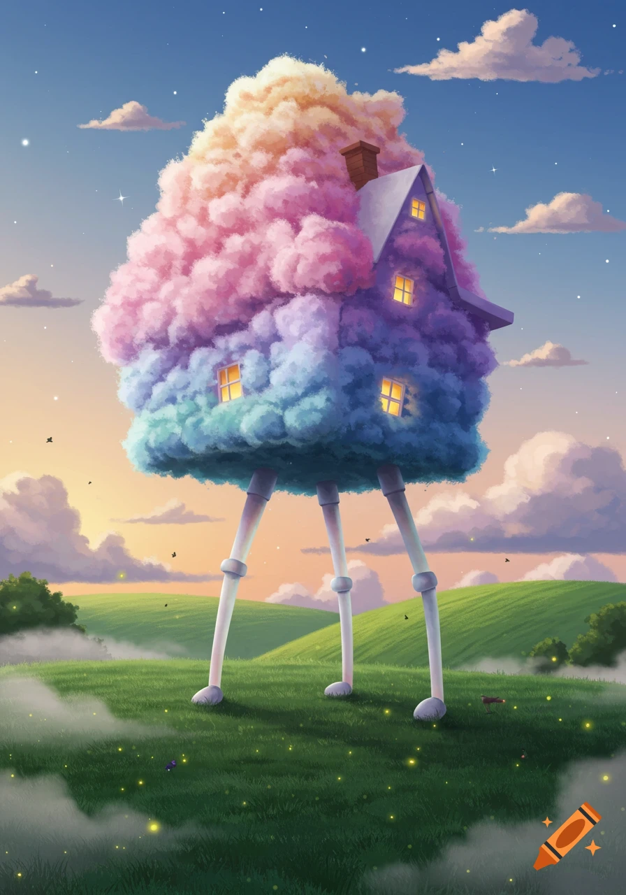 Whimsical house covered in rainbow clouds, on tall stilts in a misty green field under a pastel sky.