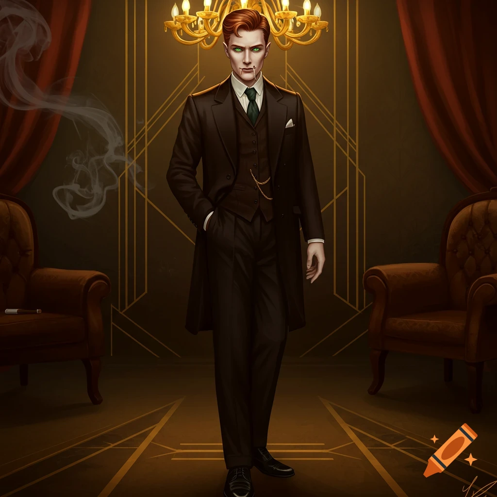Red-haired male vampire in a 1930s dark suit with blood on his lip, standing in an Art Deco room under a chandelier.