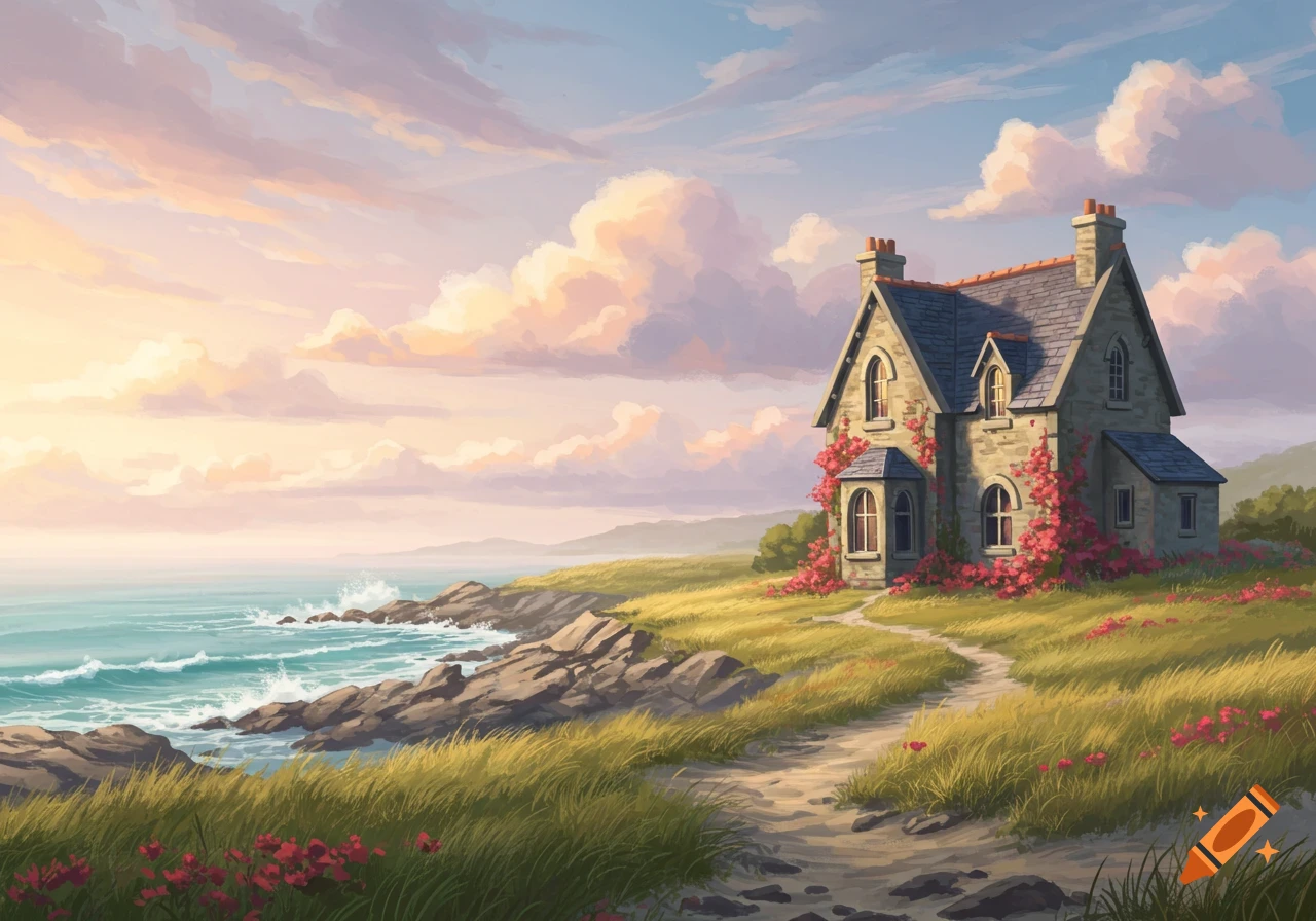 Stylized painting of a stone house on a grassy cliff by the ocean at sunset, with pink flowers and a path.