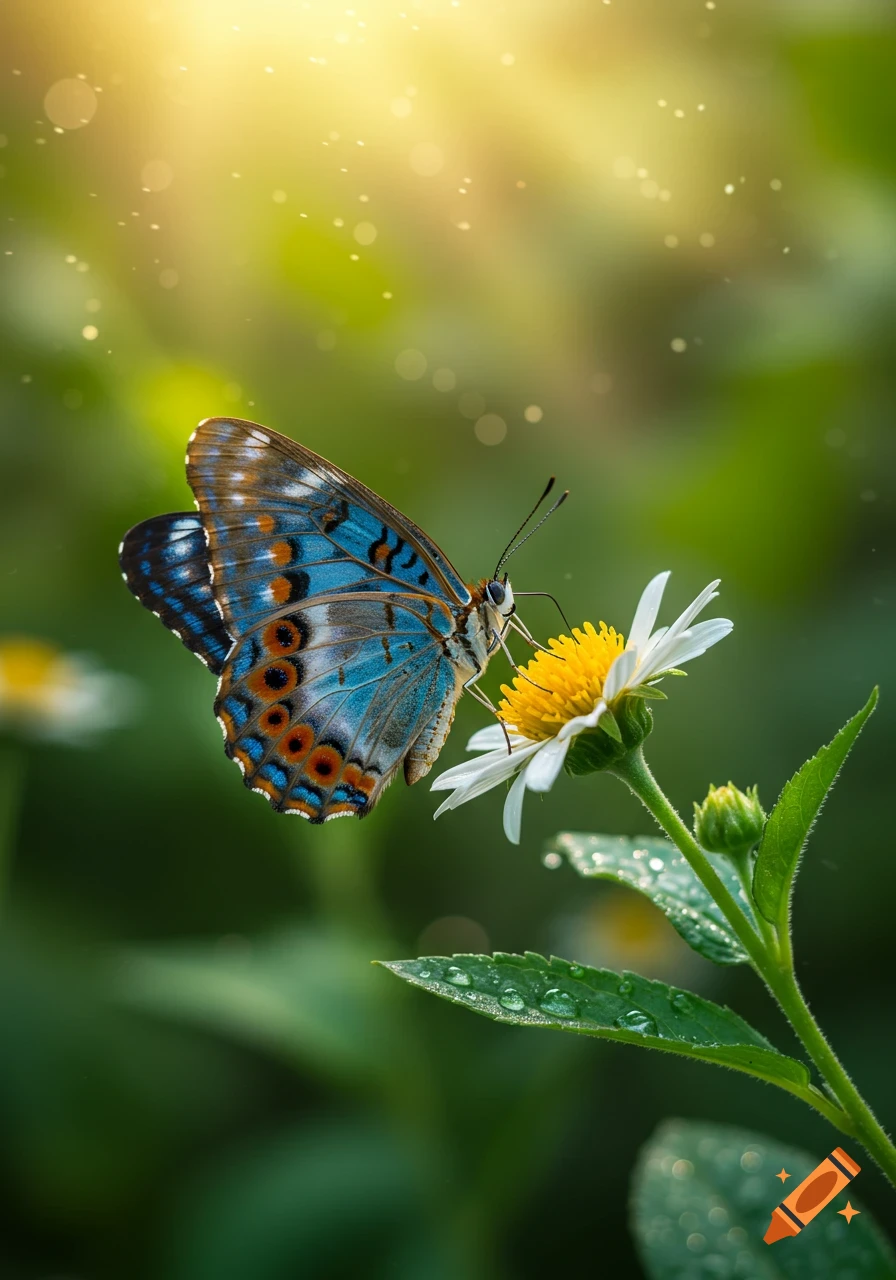 A vibrant blue and orange butterfly perches on a white flower with a yellow center, set against a soft green, sunlit background.