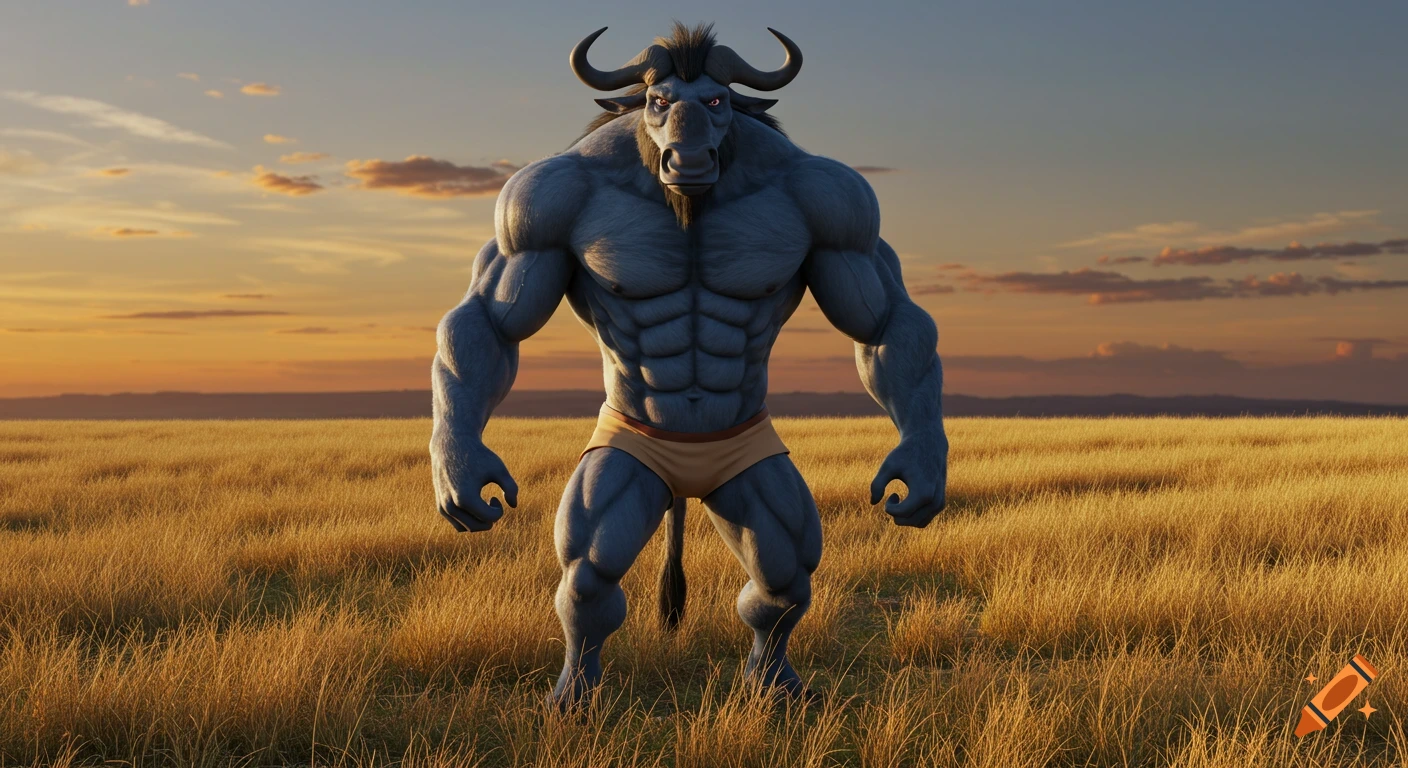 A muscular blue anthropomorphic wildebeest with prominent abs, wearing briefs, stands in a golden savanna field at sunset. Photorealistic 3D render.