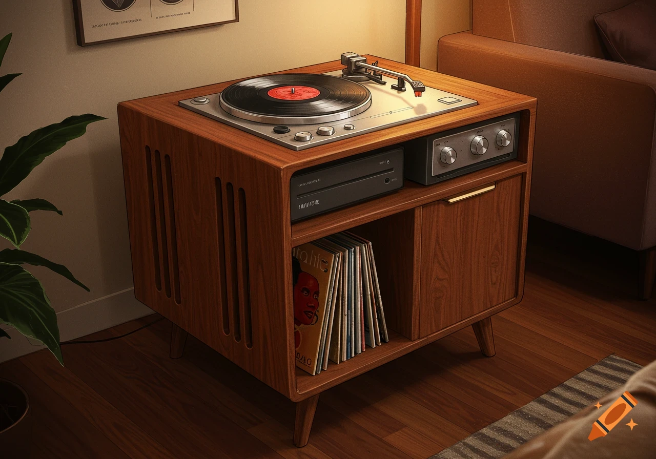 A vintage record player built into a stylish wooden cabinet, with vinyl records stored below, in a cozy, softly lit room.