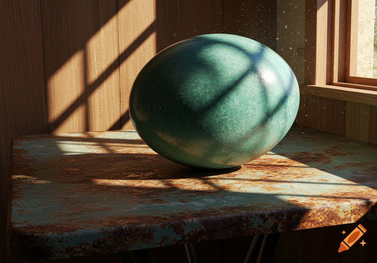 A large, textured green sphere, resembling an emu egg, rests on a rusty metal table. Sunlight streams in from a window, casting shadows.