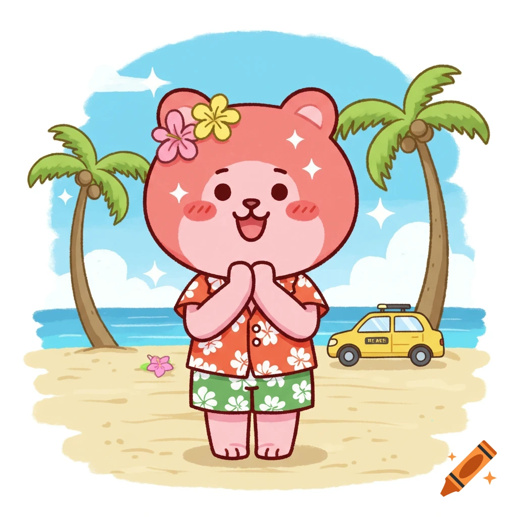 Cute cartoon bear in Hawaiian shirt and shorts bowing on a sandy beach with palm trees and a yellow car in LINE sticker style.