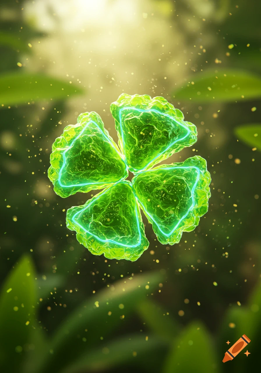 A vibrant green, glowing four-leaf-like biological structure in a lush, blurred green environment with golden specks.