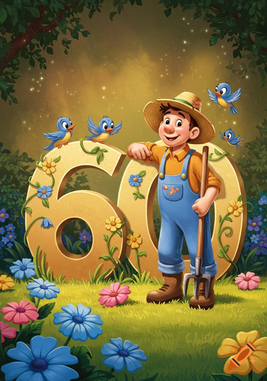 A cheerful cartoon gardener and bluebirds surround a large golden '60' in a vibrant flowery garden, in a Disney-like style.