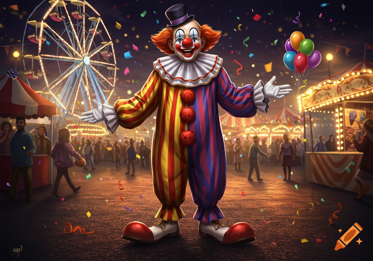 A vibrant digital art image of a happy clown with red and blue striped suit, standing at a bustling carnival at night with a Ferris wheel, confetti, and balloons.