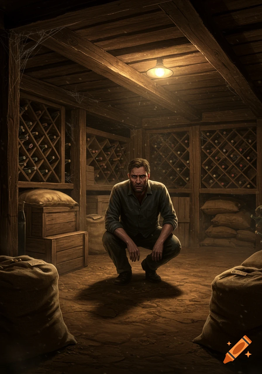 A man crouches in a dark, dusty cellar filled with wine racks, wooden boxes, and burlap sacks, staring intensely at the viewer.