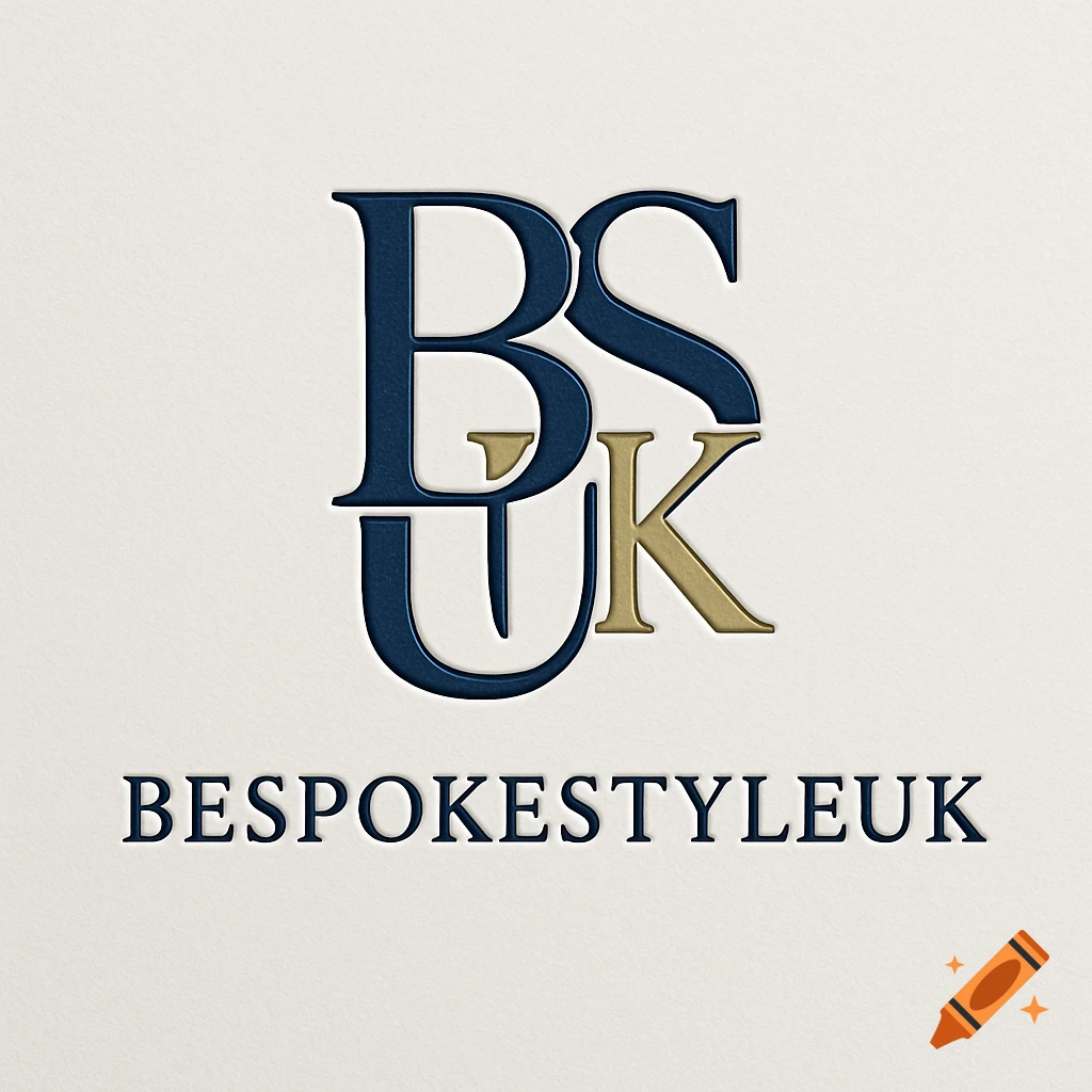A cream-colored background with an embossed logo featuring the letters B, S, U, K in dark blue and gold, stacked. Below it, the word BESPOKESTYLEUK is embossed in dark blue.