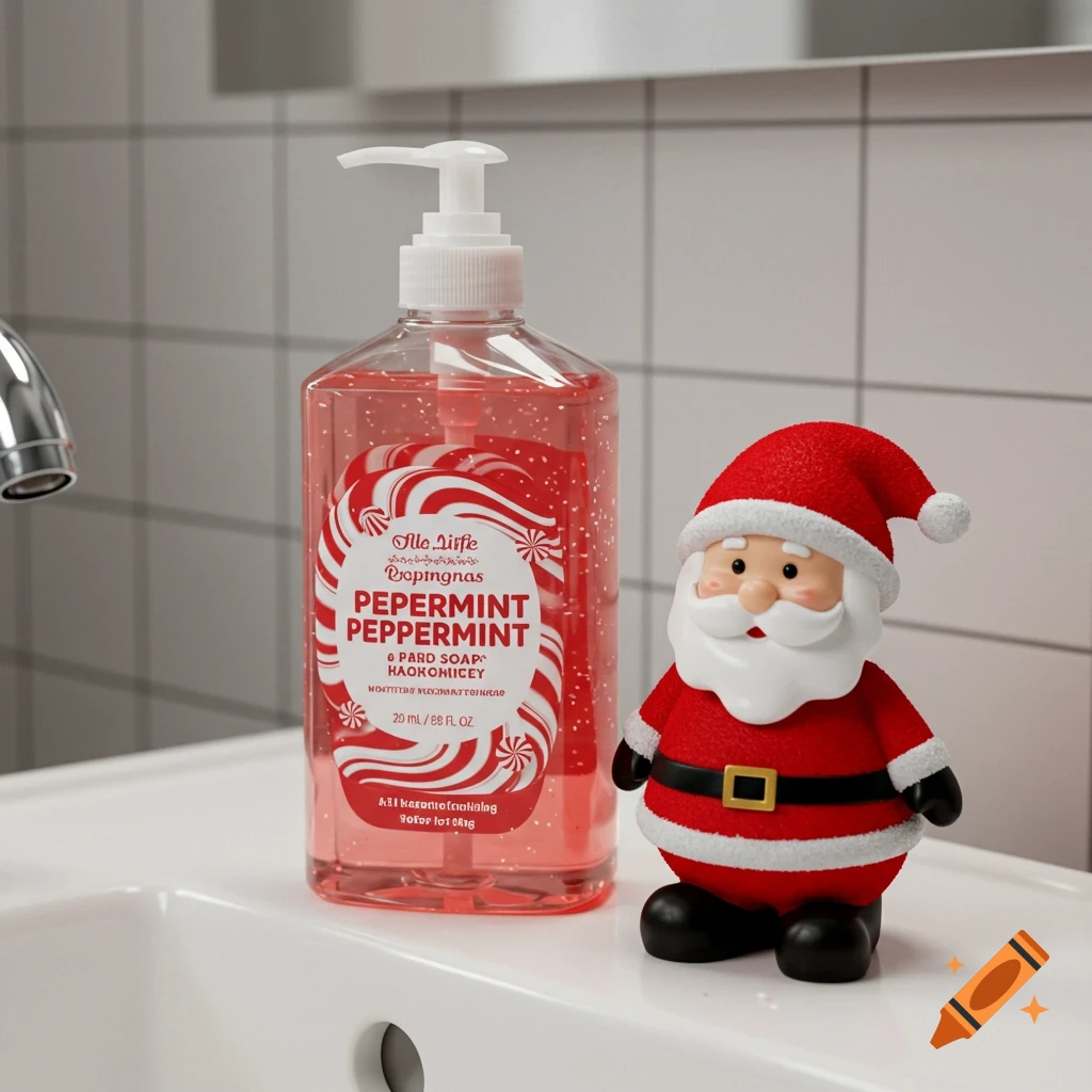 A peppermint hand soap bottle with a candy cane design stands next to a small Santa decoration on a white bathroom sink.