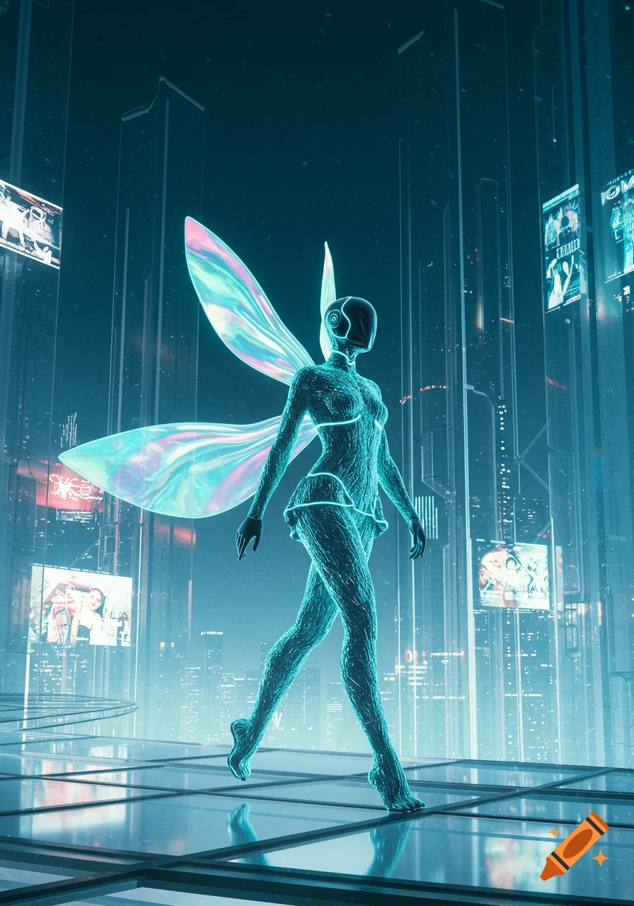 A glowing, fairy-like humanoid figure with iridescent wings walks through a futuristic, neon-lit city with tall buildings and screens.