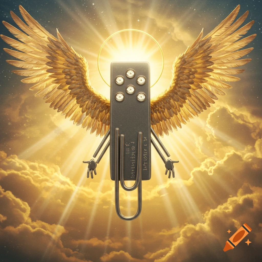 A metallic paperclip character with large golden wings, a halo, and multiple eyes, set against a radiant, cloudy sky.