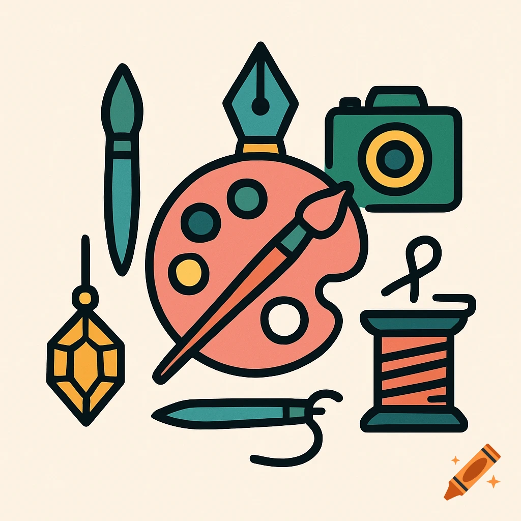 A minimalist illustration of various creative tools including a paintbrush, paint palette, fountain pen, camera, gemstone, and spool of thread.